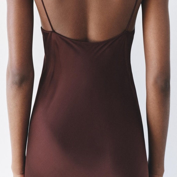 Zara viral chocolate brown maxi slip dress with lace neckline - size Large (L) - Picture 4 of 10